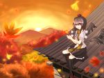  architecture bad_id bad_pixiv_id bangs black_hair black_wings east_asian_architecture hat kame leaf looking_at_viewer shameimaru_aya short_hair skirt solo sunset touhou wings 