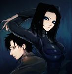  1girl arms_up bad_id bad_pixiv_id black_hair blue_eyes bodysuit breasts cleavage ergo_proxy eyeshadow igarashi_ran_(igatz) large_breasts long_hair makeup re-l_mayer stretch vincent_law 