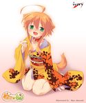  ahoge alcohol animal_ears blush collar dog_ears dog_tail drunk fang green_eyes japanese_clothes mikan_(wanko) mizuki_kotora non-web_source orange_hair sake short_hair solo tail wanko_to_kurasou 