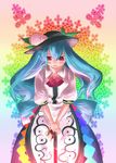  bad_id bad_pixiv_id blue_hair food fruit garnet hands_on_hilt hat highres hinanawi_tenshi long_hair peach rainbow rainbow_background solo sword sword_of_hisou touhou v_arms weapon 