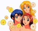  blonde_hair blue_eyes blue_hair brown_hair daisy flower green_eyes hairband haruka_(viper) multiple_girls nami_(viper) non-web_source red_eyes short_hair smile takako_(viper) topless viper viper_v16 