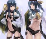  asymmetrical_wings blue_hair breast_envy breasts dizzy dual_persona fingerless_gloves flat_chest gloves guilty_gear large_breasts medium_breasts multiple_girls red_eyes sailor_collar salada short_shorts shorts smile sweatdrop tail time_paradox underboob wings 