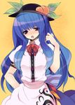  blue_hair food fruit hat hinanawi_tenshi long_hair peach ribbon solo touhou yukimachi_tounosuke 