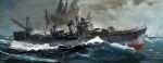  day destroyer giant giant_monster godzilla godzilla_(minus_one) godzilla_(series) godzilla_minus_one highres kaijuu mast military_vehicle ocean outdoors revision ship smokestack spines takeshima_satoshi vehicle_focus warship watercraft waves yukikaze_(destroyer) 