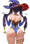  ai-generated ass ayalie bare_back bare_shoulders bodysuit cameltoe choker cleft_of_venus genshin_impact hat highres holding holding_hair mona_(genshin_impact) thighs white_background witch witch_hat 