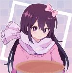  1girl aubrey_(faraway)_(omori) aubrey_(omori) black_eyes black_hair blush bow closed_mouth hair_bow long_hair looking_at_viewer omori pink_bow pink_scarf scarf smile solo upper_body yu_kuli 