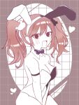  1girl :d animal_ears bare_shoulders bear_hair_ornament black_bow black_bowtie blush bow bowtie breasts brown_background brown_hair cleavage danganronpa:_trigger_happy_havoc danganronpa_(series) detached_collar enoshima_junko fake_animal_ears from_side hair_ornament heart highres koma_(uuur66) large_breasts rabbit_ears sitting smile twintails two-tone_leotard white_background 