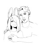 2024 anthro black_and_white duo embrace hair hair_over_eye hi_res human janis_(twang) jerma985 lagomorph leporid male mammal monochrome one_eye_obstructed rabbit smile twang