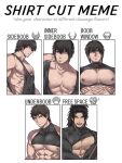  3boys abs absurdres adventurer_(ff14) ardbert_hylfyst bara bare_pectorals black_shirt black_tank_top blue_eyes closed_mouth clothes_lift clothing_cutout english_text facial_hair final_fantasy final_fantasy_xiv hien_rijin highres hyur large_pectorals long_hair looking_at_viewer male_focus meme multiple_boys multiple_drawing_challenge muscular muscular_male navel nipples one_eye_closed open_mouth pectorals shirt shirt_cut_meme shirt_lift sidepec smile tank_top twitter_username underpec upper_body warrior_of_light_(ff14) zanki 