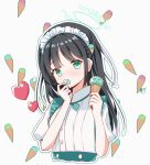  1girl absurdres airi_(blue_archive) alternate_costume black_hair blue_archive blush chinese_commentary commentary_request enmaided food food-themed_hair_ornament green_eyes green_halo hair_ornament halo heart highres holding holding_food holding_ice_cream holding_ice_cream_cone ice_cream ice_cream_cone ice_cream_hair_ornament long_hair looking_at_viewer maid maid_headdress puffy_short_sleeves puffy_sleeves short_sleeves simple_background solo white_background yunduan_tianshang_de_long_yt 