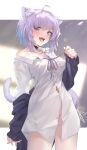  1girl absurdres ahoge animal_ears black_jacket breasts cat_ears cat_tail fangs highres hololive jacket naked_shirt navel nekomata_okayu nekomata_okayu_(oversized_shirt) no_panties partially_unbuttoned purple_eyes purple_hair purple_ribbon rei_(9086) ribbon shirt signature tail tongue tongue_out virtual_youtuber 