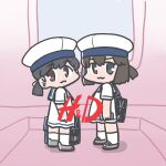  2girls :3 bag black_hair blue_hair blue_sailor_collar daitou_(kancolle) dress ferret-san h&amp;m hat hiburi_(kancolle) kantai_collection logo_parody looking_at_viewer low_ponytail multiple_girls parody sailor_collar sailor_dress sailor_hat school_bag shoes short_ponytail short_sleeves socks standing uwabaki white_dress white_headwear white_socks 