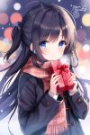  1girl absurdres artist_name black_coat black_hair blue_eyes blush box coat duffel_coat gift gift_box highres himura_moritaka holding holding_box long_hair long_sleeves one_side_up original pink_scarf plaid plaid_scarf scarf smile upper_body valentine 