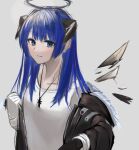  1girl arknights black_halo black_horns black_jacket blue_eyes blue_hair closed_mouth gloves grey_background halo horns jacket jewelry light_blush long_hair looking_at_viewer mostima_(arknights) necklace off_shoulder open_clothes open_jacket shirt shouga_chahan simple_background sketch smile solo t-shirt upper_body white_gloves white_shirt wings 