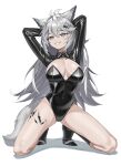  1girl alternate_costume animal_ear_fluff animal_ears arknights arms_behind_head arms_up bare_hips black_footwear black_leotard boots breasts breasts_apart buttons collarbone commentary covered_navel drop_shadow eyelashes full_body grey_eyes grey_hair grey_tail grin groin hair_between_eyes hair_ornament hairclip hatching_(texture) highleg highleg_leotard invisible_floor kneeling knees lappland_(arknights) leotard linear_hatching lips long_hair long_sleeves looking_at_viewer medium_breasts messy_hair oripathy_lesion_(arknights) paid_reward_available pale_skin parted_lips scar scar_across_eye scar_on_face shadow shiny_clothes shrug_(clothing) siguya simple_background skin_tight smile solo spread_legs tail teeth thighs tiptoes very_long_hair white_background wing_collar wolf_ears wolf_girl wolf_tail 