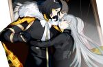  1boy 1girl angelica_(project_moon) black_gloves black_hair black_jacket black_vest blue_eyes cape closed_mouth e.g.o_(project_moon) fur-trimmed_cape fur_trim gauntlets gloves hand_on_another&#039;s_waist highres holding_hands jacket king_of_greed library_of_ruina long_hair medium_hair painting_(object) project_moon roland_(project_moon) shanhujiao smile very_long_hair vest waltz_(dance) white_hair yellow_cape yellow_eyes 