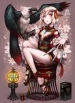  bird breasts cleavage flower gauntlets gia hair_ornament highres japanese_clothes knife lantern legs original red_eyes short_hair sitting small_breasts stool weapon white_hair 
