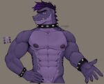 abs anthro barely_visible_genitalia collar genitals hi_res male mr_sharky muscular muscular_male purple_body solo spiked_collar spikes