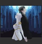  1girl back-to-back bad_id bad_pixiv_id black_eyes black_hair church couple dress emiya_kiritsugu fate/zero fate_(series) hasuha_makoto hetero husband_and_wife irisviel_von_einzbern long_hair no_legs profile white_hair 