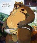 absurd_res andromorph anthro bodily_fluids brown_body brown_fur chubchow claws clothed clothing clothing_pull front_view fur genital_fluids genitals hi_res intersex jockstrap jockstrap_only jockstrap_pull mammal mature_andromorph mature_intersex nipples overweight overweight_andromorph overweight_anthro overweight_intersex procyonid pussy raccoon smoking solo standing topless underwear underwear_only underwear_pull vaginal_fluids whiskers