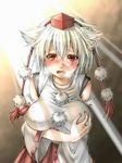  animal_ears bare_shoulders blush breasts breath covered_nipples detached_sleeves grabbing hat inubashiri_momiji large_breasts nora_wanko open_mouth red_eyes short_hair solo tokin_hat touhou upper_body white_hair wolf_ears 