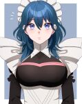  1girl alternate_costume black_dress blue_eyes blue_hair breasts byleth_(fire_emblem) closed_mouth dress enmaided expressionless fire_emblem fire_emblem:_three_houses frills gmais2514 hair_between_eyes highres large_breasts long_hair long_sleeves looking_at_viewer maid maid_headdress medium_hair official_alternate_costume solo upper_body 