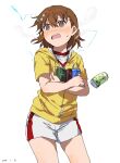  1girl @_@ blush brown_eyes brown_hair can dated drink_can electricity floating_hair_ornament flower hair_between_eyes highres holding holding_can jacket misaka_mikoto open_mouth shirt short_shorts short_sleeves shorts simple_background soda_can standing sweat takatisakana toaru_majutsu_no_index tomboy white_background white_flower white_shirt white_shorts yellow_jacket 