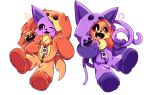 anthro canid canine canis catnap_(poppy_playtime) cero_09051 clothing costume dogday_(poppy_playtime) domestic_cat domestic_dog duo felid feline felis hi_res jewelry male male/male mammal moon necklace poppy_playtime purple_body shy simple_background smiling_critters sun