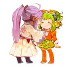  1girl 8'108 adjusting_clothes ahoge chibi dressing_another goggles goggles_on_head green_hair gumi kamui_gakupo long_hair megpoid_(vocaloid3) ponytail purple_hair short_hair simple_background smile vocaloid 