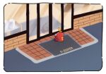  7-eleven bagutyu border brick_wall colored_skin commentary_request crocodilian doormat fuecoco glass_door pokemon pokemon_(creature) red_skin reflection sliding_doors tail white_border window 