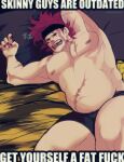  1boy alternate_muscle_size bara belly bulge cowboy_shot eustass_kid from_above get_yourself_a_fat_fuck_(meme) highres impact_(font) large_pectorals male_focus meme muscular muscular_male navel nipples one_piece pectorals percivore plump red_hair scar scar_on_face short_hair solo stomach strongman_waist thick_thighs thighs topless_male 