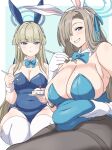 2girls absurdres animal_ears asuna_(blue_archive) asuna_(bunny)_(blue_archive) belly_grab blonde_hair blue_archive blue_leotard breasts cleavage closed_mouth dot_nose fake_animal_ears feet_out_of_frame hair_over_one_eye highres karaage53ko large_breasts leotard looking_at_viewer multiple_girls navel open_mouth playboy_bunny plump thick_thighs thighs 