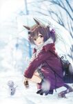  1girl alternate_costume animal_ears bag blurry blurry_background brown_hair coat hair_between_eyes hair_ornament highres horse_ears horse_girl horse_tail looking_at_viewer murasaki_himuro shoes sitting smart_falcon_(umamusume) snow snowman solo tail tree umamusume winter winter_clothes winter_coat yellow_eyes 