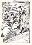  1boy big_nose cleft_chin facial_hair fleeing hat highres monochrome mustache open_mouth pointy_ears screaming shirt short_sleeves shorts speed_lines teardrop thick_eyebrows wario warioware warioware:_move_it! yamato_koara 