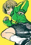  :p bad_id bad_pixiv_id bike_shorts blush breasts brown_eyes brown_hair dutch_angle fighting_stance glasses jacket kneehighs legs looking_at_viewer majoccoid medium_breasts persona persona_4 satonaka_chie shoes short_hair skirt socks solo straight_hair tomboy tongue tongue_out track_jacket 