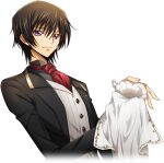  1boy artist_request ascot black_hair black_jacket black_shirt breast_pocket butler buttons chain closed_mouth code_geass code_geass:_lost_stories collared_shirt cropped_torso cup drying dutch_angle game_cg hair_between_eyes happy holding holding_cloth holding_cup jacket lelouch_vi_britannia long_sleeves looking_at_viewer male_focus non-web_source official_art open_clothes open_jacket picture_frame pocket purple_eyes red_ascot shirt short_hair sidelocks simple_background smile solo standing teacup transparent_background upper_body vest white_vest 