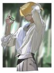  1boy absurdres blonde_hair border cigarette closed_mouth collared_shirt cropped_legs from_side hair_over_eyes hand_on_own_head highres holding_hair_tie long_sleeves male_focus one_piece sanji_(one_piece) shirt short_hair solo tokoni_fusu tying_hair white_border white_shirt 