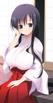  black_hair blush breasts green_eyes hakama highres huge_breasts hyuuga_takashi iwato_kasumi japanese_clothes long_hair miko red_hakama saki smile solo 