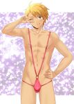  1boy ;p ahoge blonde_hair blush brown_eyes bulge collarbone cowboy_shot groin hand_on_own_hip hand_up highres licking_lips linea_alba looking_at_viewer male_focus nipples o-ring one-piece_swimsuit one_eye_closed original parted_bangs pectorals pink_one-piece_swimsuit short_hair skindentation slingshot_swimsuit solo spiked_hair standing starry_background swimsuit toned toned_male tongue tongue_out v_over_eye variant_set yuya_hytk 