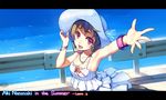  :d armpits artist_name bare_shoulders bracelet breasts brown_hair character_name cleavage collarbone dress hat jewelry letterboxed lvans nanasaki_aki necklace open_mouth original outstretched_arm outstretched_hand pink_eyes purple_eyes railing short_hair small_breasts smile solo sun_hat sundress water 