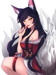  1girl absurdres ahri_(league_of_legends) animal_ear_fluff animal_ears artist_name bare_shoulders black_hair breasts candy facial_mark food fox_ears fox_tail from_side highres holding holding_candy holding_food holding_lollipop large_breasts league_of_legends lollipop long_hair long_sleeves myra_(floralmyra) off_shoulder solo squatting tail thigh_strap watermark whisker_markings white_background yellow_eyes 
