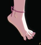  1girl absurdres ankle_ribbon artist_logo barefoot black_background feet foot_focus genshin_impact highres leg_ribbon mohoshadream nail_polish pink_nails pink_ribbon ribbon shadow simple_background solo spread_toes toenail_polish toenails toes yun_jin_(genshin_impact) 