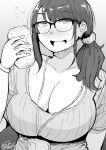  :d absurdres alcohol beer breasts can cleavage earrings glasses greyscale hadashi_no_kenji hair_ornament hair_scrunchie hand_up highres holding holding_can jewelry lanyard large_breasts long_hair looking_at_viewer mature_female monochrome original ponytail ribbed_shirt scrunchie shirt smile stud_earrings upper_body 