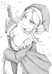  1girl absurdres bantish breasts chinese_commentary choker cleavage commentary_request dress drill_hair greyscale highres holding holding_sword holding_weapon lace lace_choker large_breasts lineart long_sleeves looking_at_viewer looking_up luka_(nozomanu_fushi_no_boukensha) mole mole_under_eye monochrome nozomanu_fushi_no_boukensha open_mouth parted_bangs short_hair simple_background smile solo standing sword weapon 