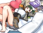  1girl barefoot breasts bursting_breasts character_doll cropped_jacket eyebrows_hidden_by_hair feet g28_(girls&#039;_frontline) girls&#039;_frontline gradient_hair green_hair grey_jacket hair_ornament hairpin heart heart-shaped_pillow hk416_(girls&#039;_frontline) jacket large_breasts looking_at_viewer lying missileer multicolored_hair multiple_hairpins one_side_up orange_armband panties parted_lips pillow red_eyes solo underwear white_panties yes-no_pillow 