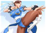  boots bracelet breasts brown_eyes brown_hair brown_legwear bun_cover cameltoe china_dress chinese_clothes chun-li covered_nipples double_bun dress earrings ikumo_taisuke jewelry large_breasts leg_up legs lips pantyhose pelvic_curtain sash short_hair spiked_bracelet spikes street_fighter 