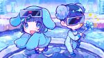  1boy 1girl animal_hood blue_background blue_eyes blue_hair blue_hoodie blue_theme blunt_bangs bun_cover character_request chibi closed_mouth commentary_request double_bun fang full_body goggles goggles_on_head hair_bun highres holding holding_wand hood hood_up hoodie indie_utaite kiato long_sleeves looking_at_viewer neko_hacker open_mouth short_hair skin_fang smile snowflakes standing standing_on_one_leg star_(symbol) ugoku-chan utaite wand 