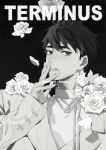  1boy absurdres bishounen character_request chinese_commentary coattails collared_jacket collared_shirt commentary_request copyright_name cover english_text eyelashes fake_magazine_cover fingernails flower greyscale haikyuu!! hand_on_own_face highres jacket lips long_sleeves looking_at_viewer magazine_cover male_focus monochrome neck_ribbon parted_lips petals ribbon rose rose_petals shirt short_hair simple_background sleeves_past_wrists solo thick_eyebrows upper_body xiao_qi_(sakugawa996) 