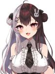  1girl :3 bare_shoulders black_necktie blush breasts brown_hair center_frills double_bun frills grey_hair hair_bun hair_ornament high-waist_skirt highres keikesu large_breasts long_hair looking_at_viewer multicolored_hair necktie nijisanji open_mouth plaid_necktie rabbit_hair_ornament red_eyes red_hair shirt simple_background skirt solo split-color_hair streaked_hair upper_body virtual_youtuber white_background white_shirt wing_collar x_hair_ornament yorumi_rena yorumi_rena_(11th_costume) 