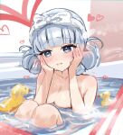  absurdres alternate_hairstyle bath blue_eyes blue_hair blunt_bangs blunt_tresses blush double_bun genshin_impact hair_bun hair_ribbon highres kamisato_ayaka light_blue_hair moti11kkk29 nude ribbon rubber_duck simple_background tress_ribbon 